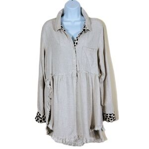 Umgee Linen Blend High Low Top M Raw Trim Pocket High Slit Hem Oatmeal Beachy